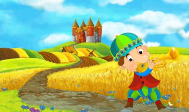 Soytarı ya da çocuklar için şövalye çizimi olan çayırın yakınındaki çiftlik arazisindeki kırsal tuğla evin olduğu bir karikatür sahnesi.