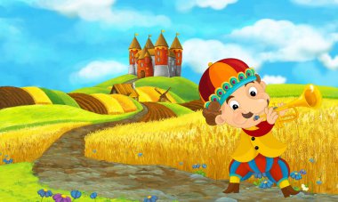 Soytarı ya da çocuklar için şövalye çizimi olan çayırın yakınındaki çiftlik arazisindeki kırsal tuğla evin olduğu bir karikatür sahnesi.