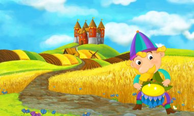 Soytarı ya da çocuklar için şövalye çizimi olan çayırın yakınındaki çiftlik arazisindeki kırsal tuğla evin olduğu bir karikatür sahnesi.