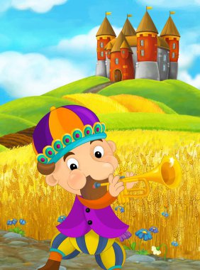 Soytarı ya da çocuklar için şövalye çizimi olan çayırın yakınındaki çiftlik arazisindeki kırsal tuğla evin olduğu bir karikatür sahnesi.