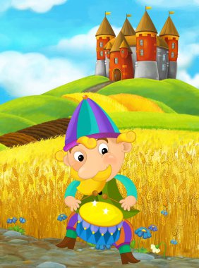 Soytarı ya da çocuklar için şövalye çizimi olan çayırın yakınındaki çiftlik arazisindeki kırsal tuğla evin olduğu bir karikatür sahnesi.