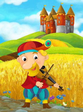 Soytarı ya da çocuklar için şövalye çizimi olan çayırın yakınındaki çiftlik arazisindeki kırsal tuğla evin olduğu bir karikatür sahnesi.