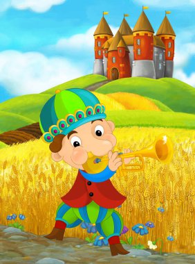 Soytarı ya da çocuklar için şövalye çizimi olan çayırın yakınındaki çiftlik arazisindeki kırsal tuğla evin olduğu bir karikatür sahnesi.