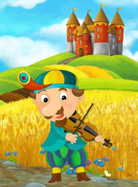 Soytarı ya da çocuklar için şövalye çizimi olan çayırın yakınındaki çiftlik arazisindeki kırsal tuğla evin olduğu bir karikatür sahnesi.