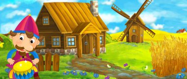 Çocuklar için soytarı ya da şövalye resimleriyle arka planda yel değirmeni olan geleneksel köy çizgi film sahnesi