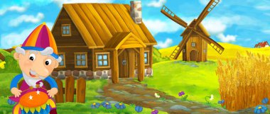 Çocuklar için soytarı ya da şövalye resimleriyle arka planda yel değirmeni olan geleneksel köy çizgi film sahnesi