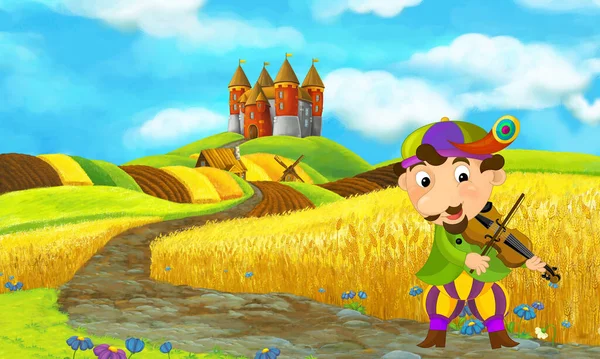 cartoon scene with beautiful rural brick house near the kingdom castle in the farm field near meadow with jester or knight illustration for kids