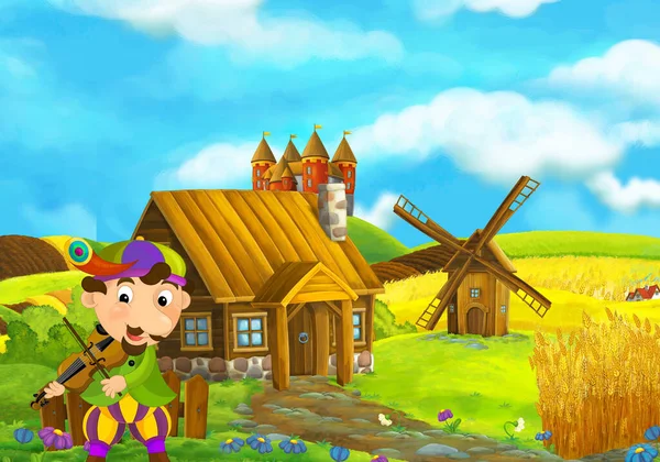 Cartoon Scene Beautiful Rural Brick House Kingdom Castle Farm Field — Stock Photo, Image