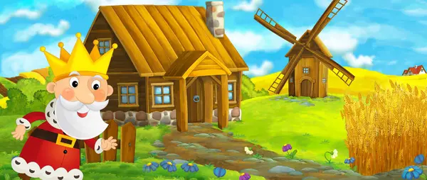 Cartoon farm scene of traditional village with windmill in the background with jester or knight illustration for kids