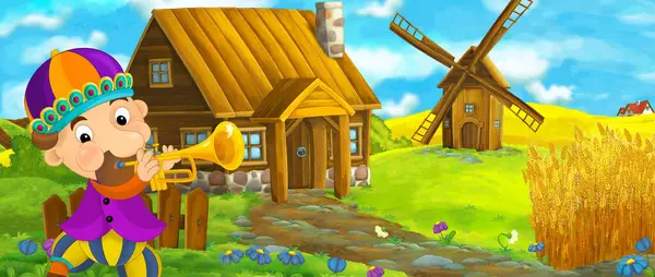 Cartoon farm scene of traditional village with windmill in the background with jester or knight illustration for kids