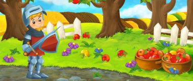 Bahçeli ve tarlalı karikatür doğa sahnesi - çocuklar için farklı kullanım şövalyesi illüstrasyonları için boş sahne