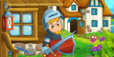 Ormanda, kırsal kesimdeki tuğladan güzel bir evin olduğu karikatür sahnesi. Çocuklar için çayırlık şövalyesi illüstrasyonu.