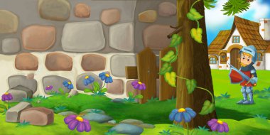 Çiftlik çiftliği ortaçağ eviyle karikatür sahnesi kırsal unsurları olan çocuklar için prens illüstrasyonu