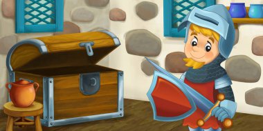 Ahşap ev iç mutfak kileriyle karikatür sahnesi çiftlik şövalyesi çocuklar için prens çizimi.