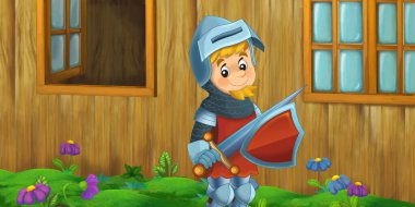 Çiftlik çiftliği ortaçağ eviyle karikatür sahnesi kırsal unsurları olan çocuklar için prens illüstrasyonu