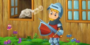 Çiftlik çiftliği ortaçağ eviyle karikatür sahnesi kırsal unsurları olan çocuklar için prens illüstrasyonu