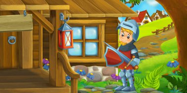 Ormandaki güzel ahşap evle karikatür sahnesi. Çocuklar için çayırlık şövalye illüstrasyonu.