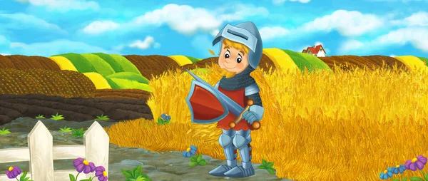 Cartoon nature scene - farm fields - empty stage for different usage knight prince illustration for children