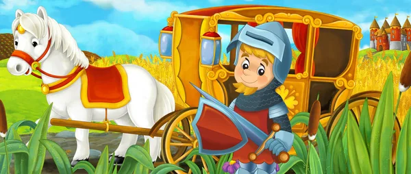 Cartoon Scene Farm Ranch Field Horse Royal Medieval Chariot Knight — Stock Photo, Image