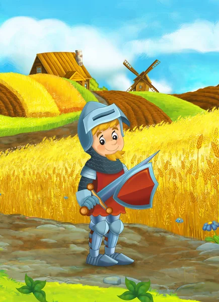 cartoon scene with farm ranch medieval house with rural elements knight prince illustration for kids