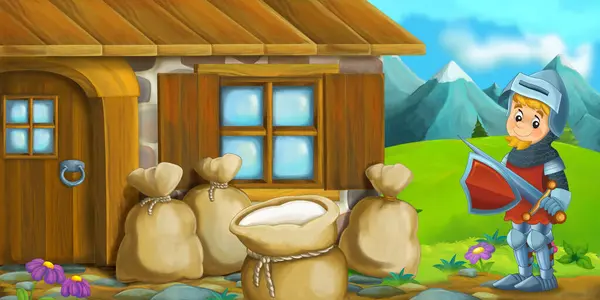 cartoon scene with wooden windmill farm ranch house in the village knight prince illustration for kids