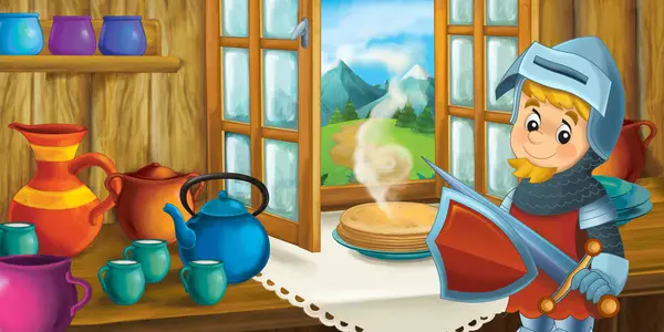 童话的卡通背景 老式家庭厨房骑士王子给孩子们的插图 — 图库照片