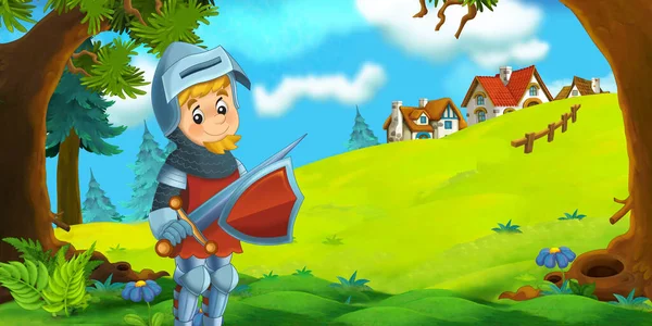 cartoon summer scene with path in the forest - nobody on scene knight prince illustration for kids