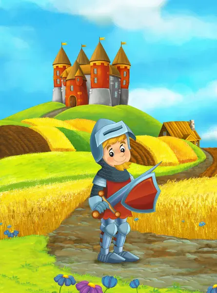 cartoon scene with beautiful rural brick house near the kingdom castle in the farm field near meadow knight prince illustration for kids