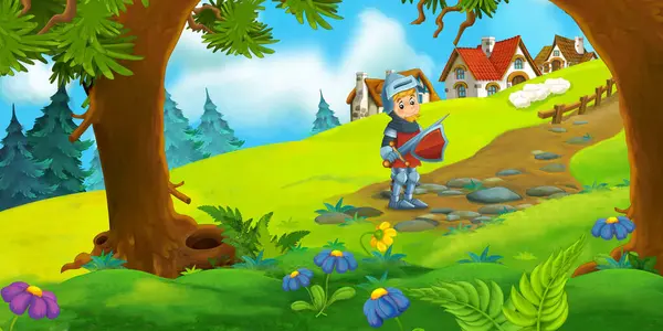 cartoon scene with beautiful rural brick house near the kingdom castle in the forest on the meadow knight prince illustration for kids