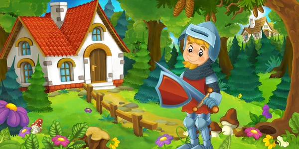 cartoon scene with beautiful rural brick house in the forest on the meadow knight prince illustration for kids