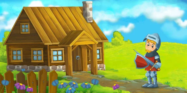 cartoon scene with beautiful rural wooden house in the forest on the meadow with knight prince - illustration for kids