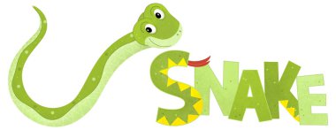 Beyaz arka planda yılan olan çizgi film sahnesinde çocuklar için hayvan resimleme işareti var.