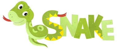 Beyaz arka planda yılan olan çizgi film sahnesinde çocuklar için hayvan resimleme işareti var.