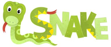 Beyaz arka planda yılan olan çizgi film sahnesinde çocuklar için hayvan resimleme işareti var.