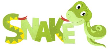 Beyaz arka planda yılan olan çizgi film sahnesinde çocuklar için hayvan resimleme işareti var.