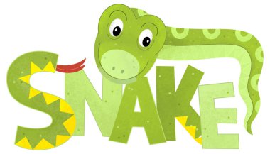 Beyaz arka planda yılan olan çizgi film sahnesinde çocuklar için hayvan resimleme işareti var.