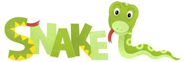 Beyaz arka planda yılan olan çizgi film sahnesinde çocuklar için hayvan resimleme işareti var.