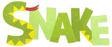 Beyaz arka planda yılan olan çizgi film sahnesinde çocuklar için hayvan resimleme işareti var.