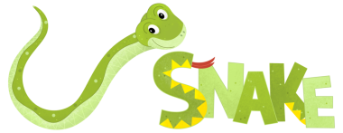 Beyaz arka planda yılan olan çizgi film sahnesinde çocuklar için hayvan resimleme işareti var.