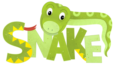 Beyaz arka planda yılan olan çizgi film sahnesinde çocuklar için hayvan resimleme işareti var.