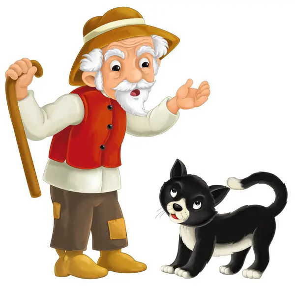Γελοιογραφία Αγρόκτημα Χαρακτήρα Αγρότης Αγόρι Παιδί Ευτυχισμένη Μαύρη Γάτα Απομονωμένη — Φωτογραφία Αρχείου