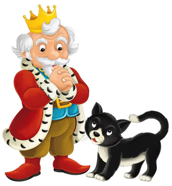 Мультфильм Счастливый Смешной Рыцарь Король Счастливой Черной Кошкой Изолированная Иллюстрация — стоковое фото