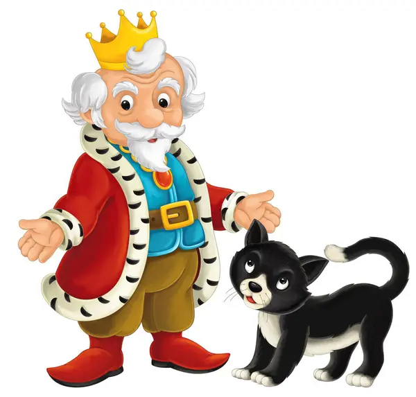 Desenhos Animados Cavaleiro Feliz Engraçado Rei Com Feliz Gato Preto — Fotografia de Stock