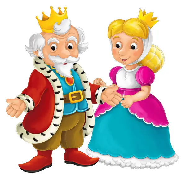 Desenhos Animados Cavaleiro Feliz Engraçado Rei Com Princesa Sorridente Ilustração — Fotografia de Stock