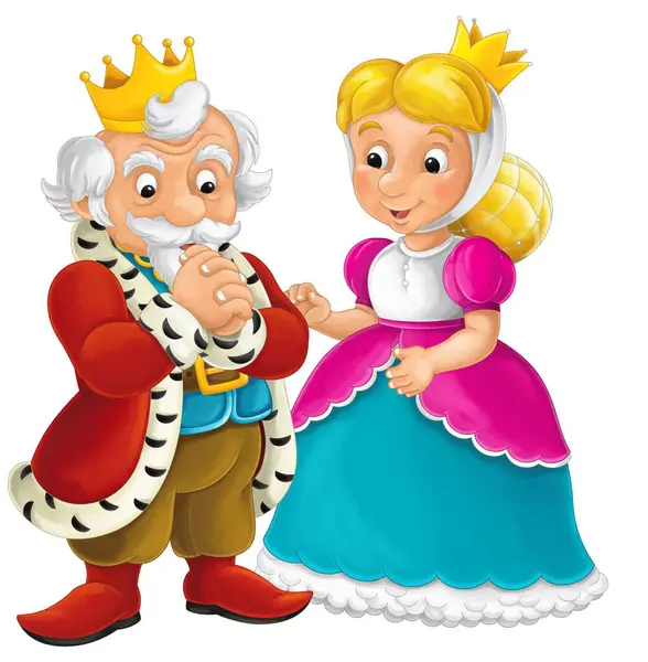 Desenhos Animados Cavaleiro Feliz Engraçado Rei Com Princesa Sorridente Ilustração — Fotografia de Stock