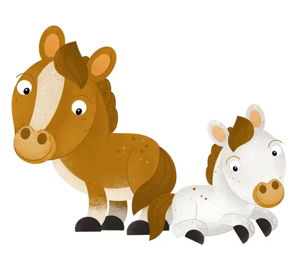 子供の農場の動物が付いている馬のスタリオン ポニーが付いている漫画のシーンは子供のための背景のイラストを隔離しました ストック写真