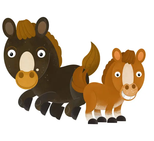 Adegan Kartun Dengan Kuda Kuda Kuda Poni Dengan Anak Anak Stok Gambar