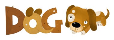 Mutlu ve şirin köpek gülümseyen çiftlik hayvanı temalı çizgi film sahnesi çocuklar için izole edilmiş arka plan çizimi.