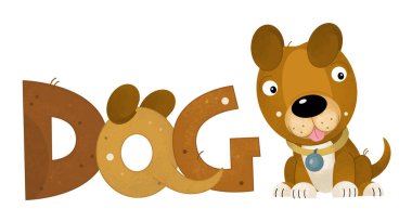 Mutlu ve şirin köpek gülümseyen çiftlik hayvanı temalı çizgi film sahnesi çocuklar için izole edilmiş arka plan çizimi.