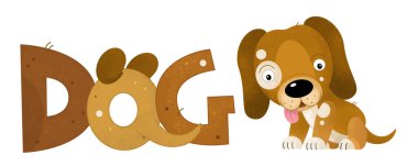 Mutlu ve şirin köpek gülümseyen çiftlik hayvanı temalı çizgi film sahnesi çocuklar için izole edilmiş arka plan çizimi.